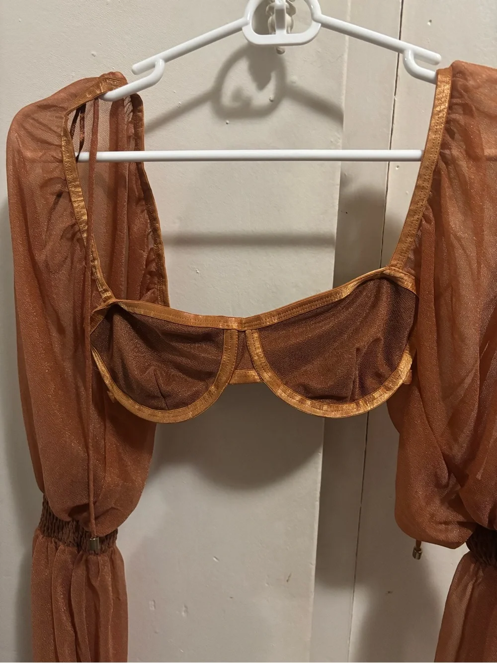 Sheer Rust Mesh Long Sleeve Crop Bralette - Women Intimates